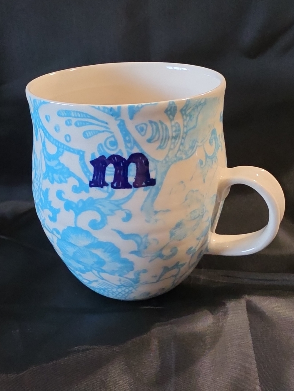 Anthropologie Homegrown Monogram "m" Mug, Aquamarine White Floral, 15 Ounces